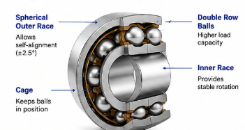 1206 double-row self-aligning ball bearing showing spherical outer race, double row balls, inner race and cage