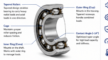30206 tapered roller bearing showing tapered rollers, outer ring cup, inner ring cone, cage and contact angle