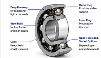 6206 deep groove ball bearing showing outer ring, inner ring, steel balls, cage and deep raceway