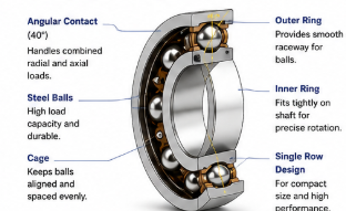 7206 B angular contact ball bearing showing angular contact, outer ring, inner ring, steel balls, cage and single row design
