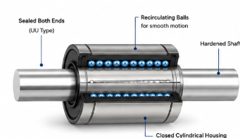 LM30UU linear ball bushing showing recirculating balls, hardened shaft and closed cylindrical housing