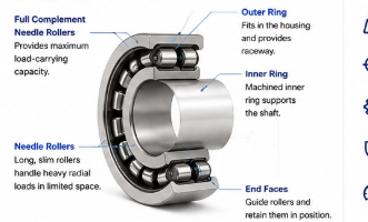 NA 4906 needle roller bearing showing full complement needle rollers, outer ring, inner ring and end faces